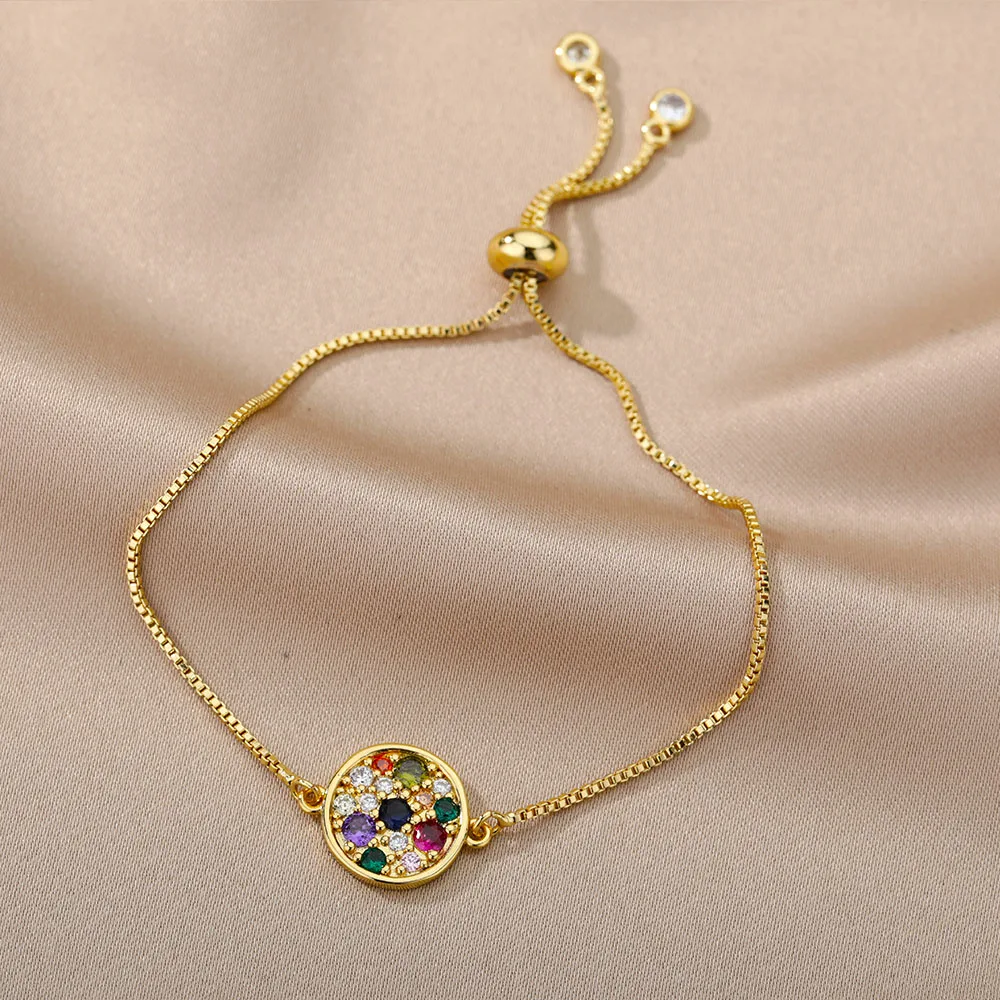 Цветной зирконий Браслет с звездой и луной для женщин Радужный браслет для мамы из кубинской цепочки. Винтажные украшения в подарок.