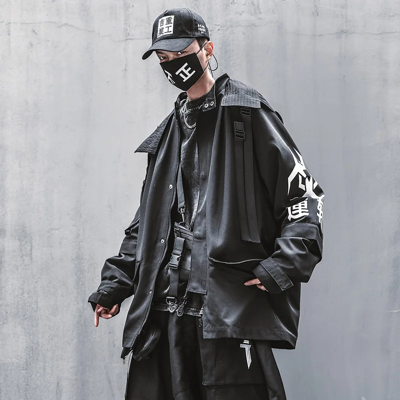 

Куртка Techwear Мужская со съемным капюшоном и надписью, уличная одежда оверсайз в японском стиле, пиджак-карго для пар, черная, осень/зима