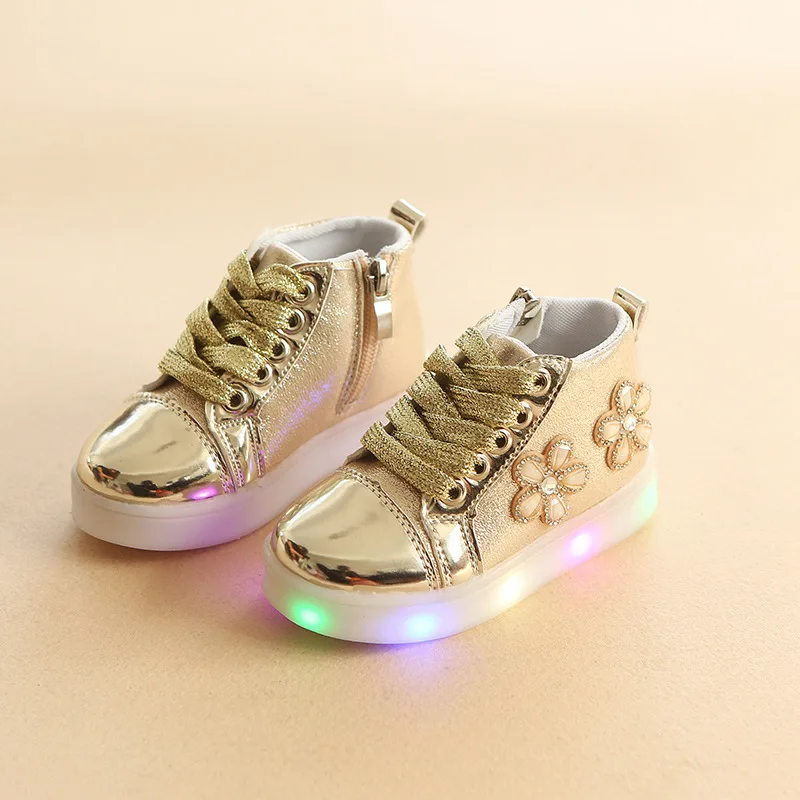 Spring Kids Shoes Baby Girls Glowing LED lighted Sneakers Children Casual Bling Flow Soft Size 21-30 pink gold sliver | Детская одежда