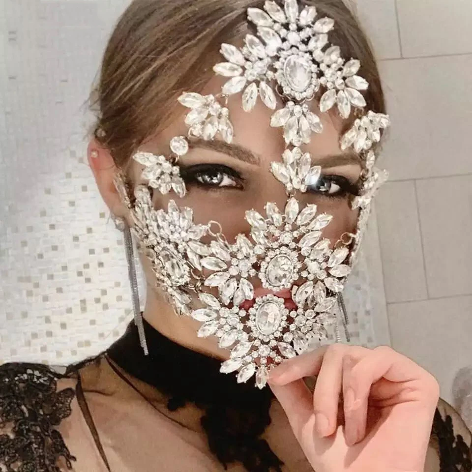 Luxury Exaggerated Halloween Crystal Mask Cover Jewelry for Women Handmade Bling Bling Rhinestone Mask Decoration Jewellery