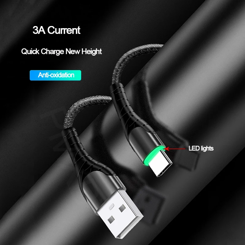 3,0 USB кабель, светодиодный, с нейлоновой оплеткой, 3 А, быстрая зарядка для iPhone 11, samsung, huawei, мобильного телефона, Micro usb type C, 1 м, провод для быстрой зарядки