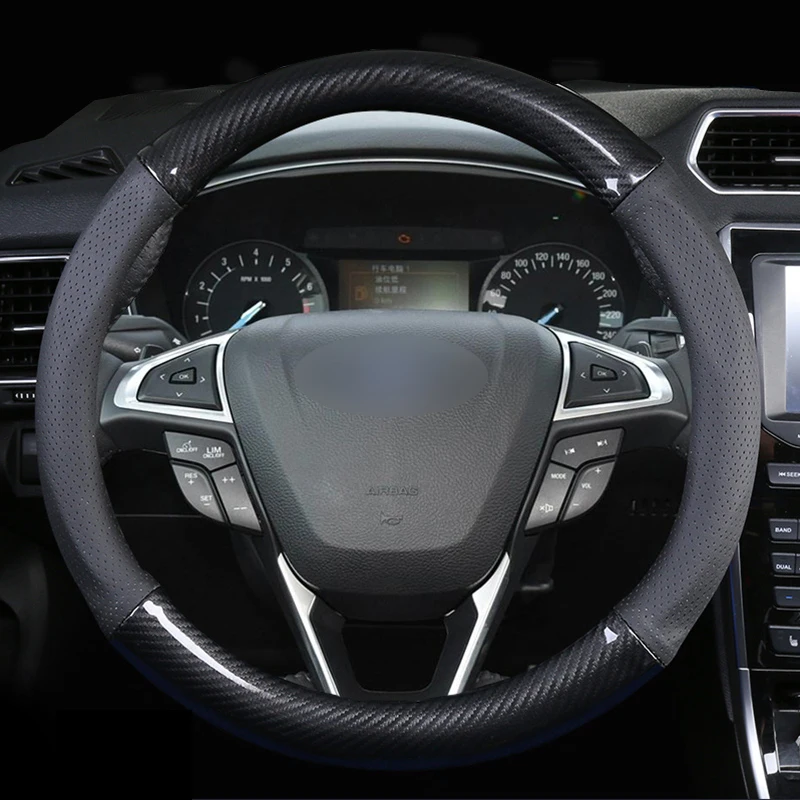 Кожаный руль для автомобиля с обтяжкой из карбонового волокна для Ford Focus 2 3 MK2 Fiesta Fusion Mondeo MK4 Kuga Ranger F150.