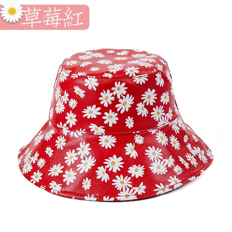 

Spring and autumn small chrysanthemum black leather basin hat sheepskin fisherman hat casual Korean men and women thin hats