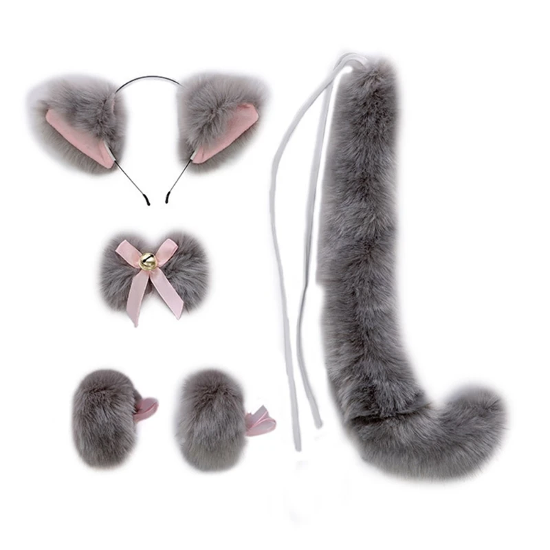 

5 Pieces Animal Roleplay Furry Set Kitty Ear Headwear Long Fur Wolf Tail Anime Lolita Gothic Accessory for Costume Party