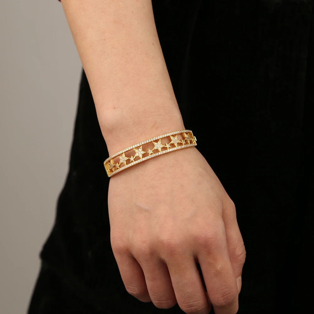 

Big Gold filled micro pave cz northstar bangle bracelet for women charm wedding jewelry starburst elegance wide band bangle