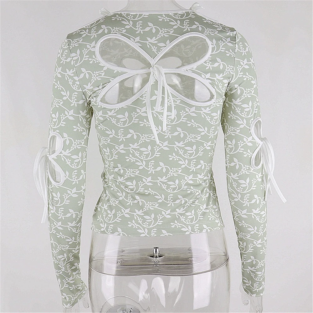 

Long Sleeve T-shirts Girls Vintage Butterfly Hollow Out Bandage Streetwear 90s Print O-neck Green Tops Y2K Fashion Outfits