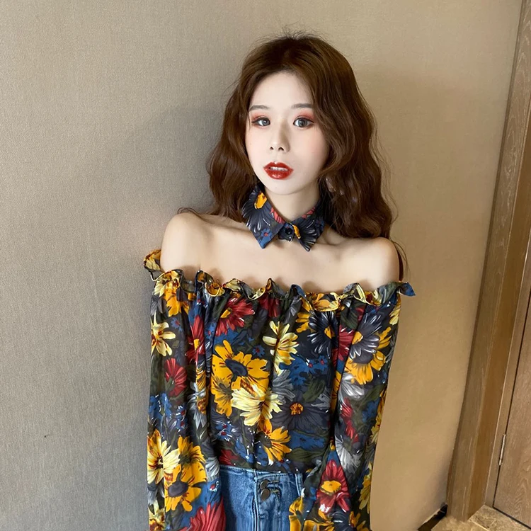 Autumn Floral Off Shoulder Blusas Summer Slash Neck Puff Sleeve Women Chiffon Blouses Sexy Retro Vintage Shirts Sweet Tops 2020
