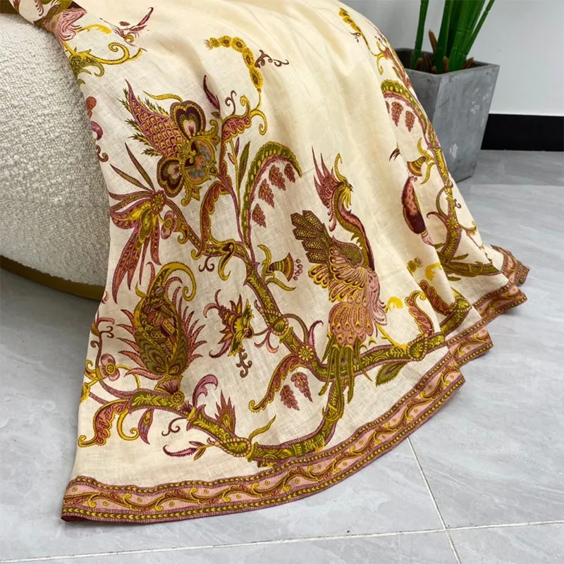 

2021 New Summer Women Fashion Sleeveless Botanical Floral Print Ankle Length Dresses Beach Style High Quality 100% Linen