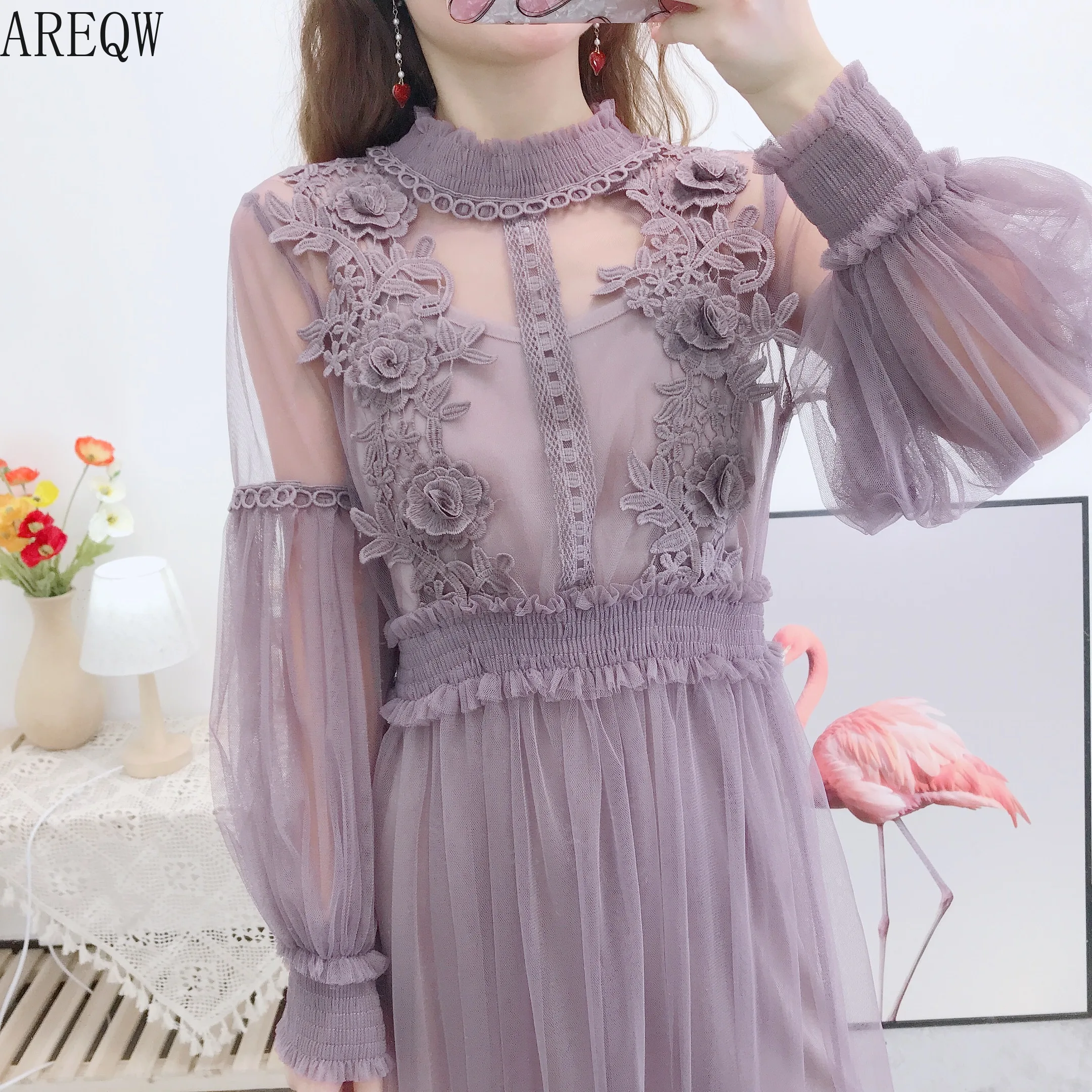 Кружевное газовое платье с цветочным узором и рукавами-фонариками для женщин 337