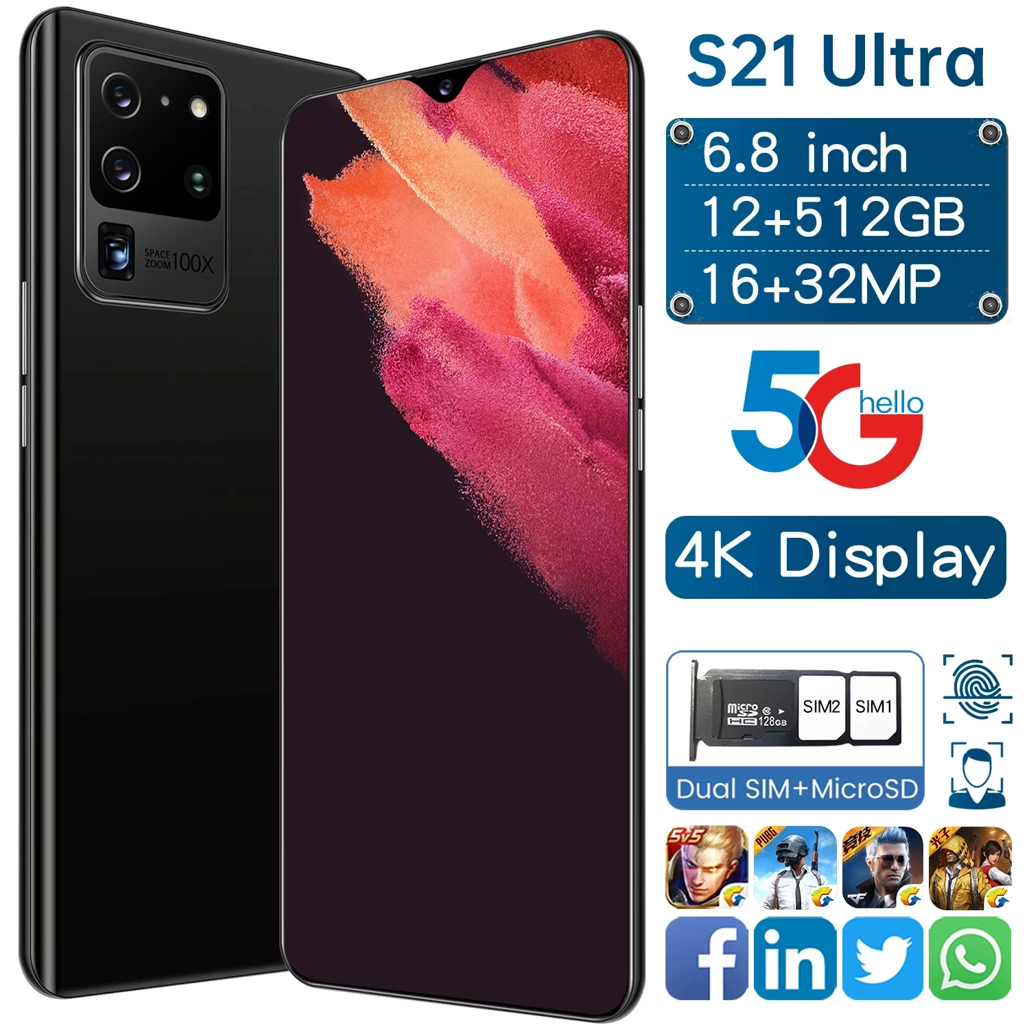 

S21 Ultra , , 6,8 , 12 + 512 , 5000 , 10 , , SIM-, , MTK6889, , Unlo