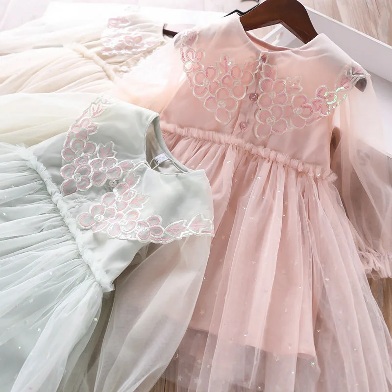 Детское платье с длинными рукавами сезон весна шикарные платья из тюля цветочной