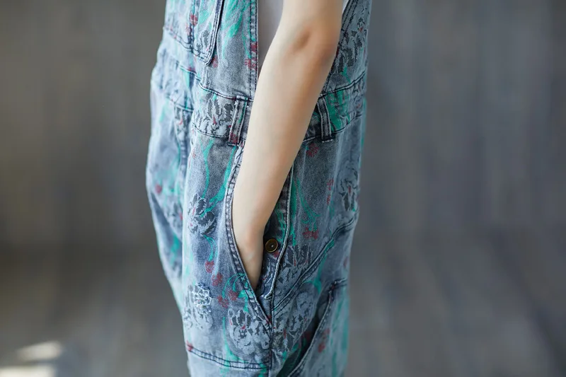 Wide Leg Bib Denim Overalls 2020 Women Vintage Printed Flower Big Pocket Jean Jumpsuit Female Oversize Drop Crotch Rompers | Женская