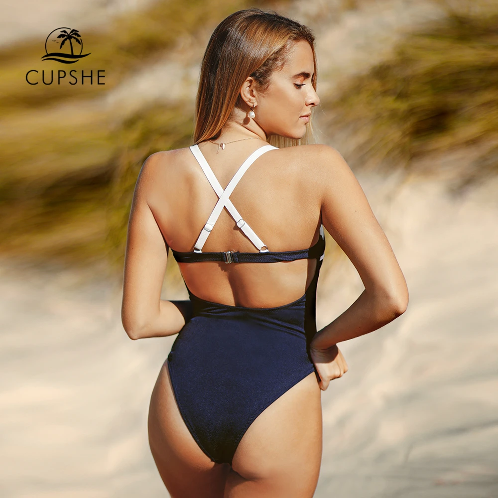 CUPSHE темно-синий волнистый с контрастной отделкой декольте цельный купальник