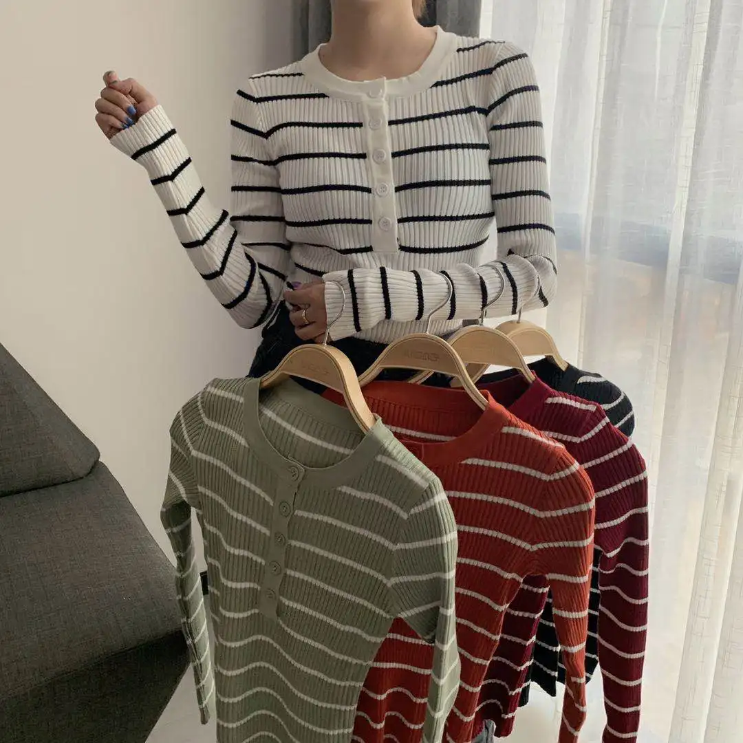 

Winter Striped Sweater Women Jumpers Autumn Long Sleeve Casual O-neck Buttons Slim Female Knitwear Tops JK313