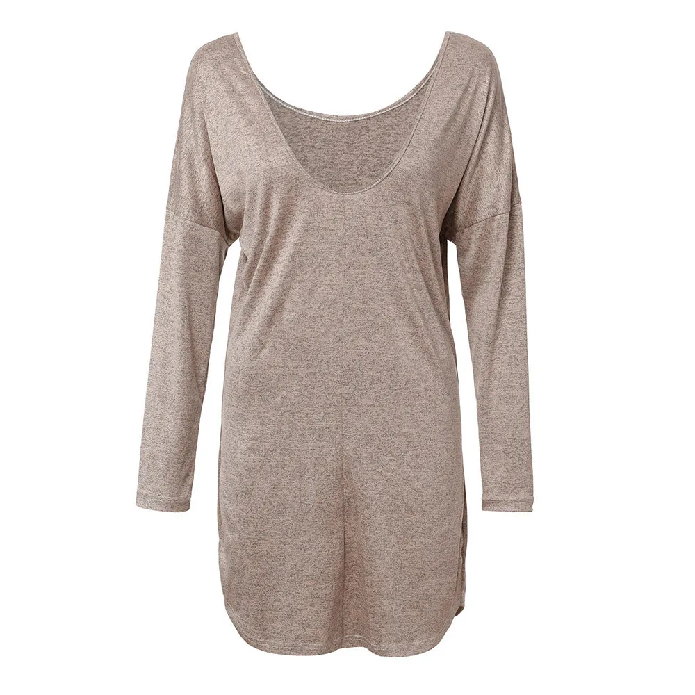 Осенне зимнее платье с круглым вырезом однотонное свободное длинным рукавом
