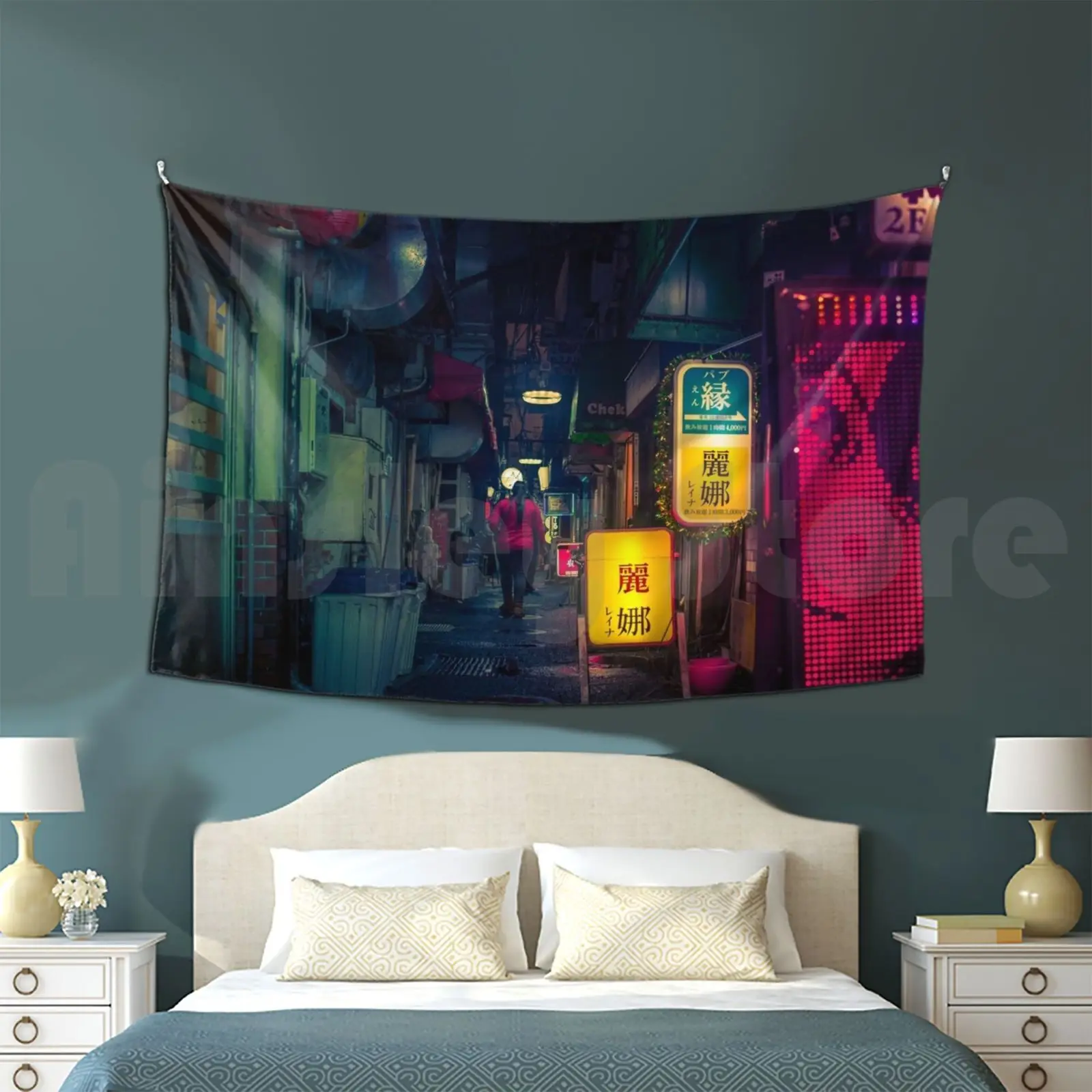 

Tapestry Bar Street Tokyo Neon Hat Japan Shinjuku Alley Future Neon Lanterns Shopping Street