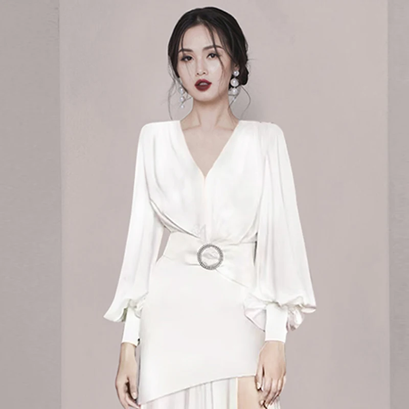 

Elegant White Party Dress Women V-Neck Lantern Sleeve Long Maxi Dress Luxury Autumn Pleated Dress Split High Waist D306