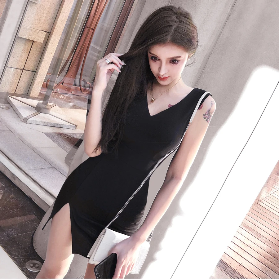 Сексуальное Клубное облегающее платье без рукавов с v образным вырезом черное