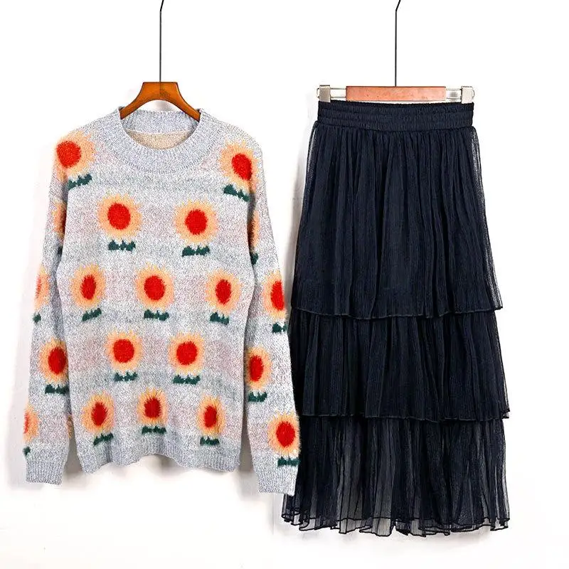 Осень-зима 2019 комплект из 2 предметов женский свитер с цветочным принтом + длинная