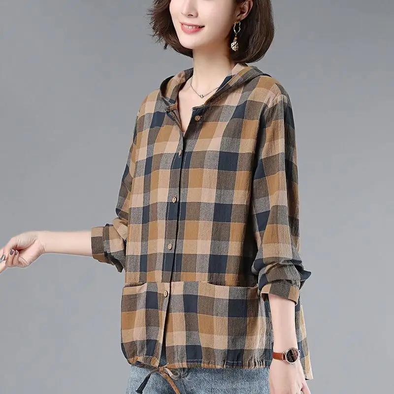 

Women's Spring Autumn Style Cotton Blouses Shirts Women's Pockets Plaid Button Hooded-neck Casual Loose Tops SP716