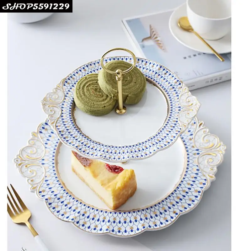 

European Minimalist Geometric Pattern Ceramic Fruit Plate Two Layers Ofgoldmulti-layercake Stand Afternoon Tea Dessert Candydish