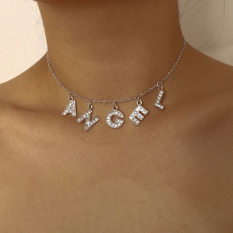 

Harajuku Angel Letter Crystal Pedant Necklace for Women Gothic Chain BABY HONEY Rhinestone Choker Necklace Couple Jewelry Gift