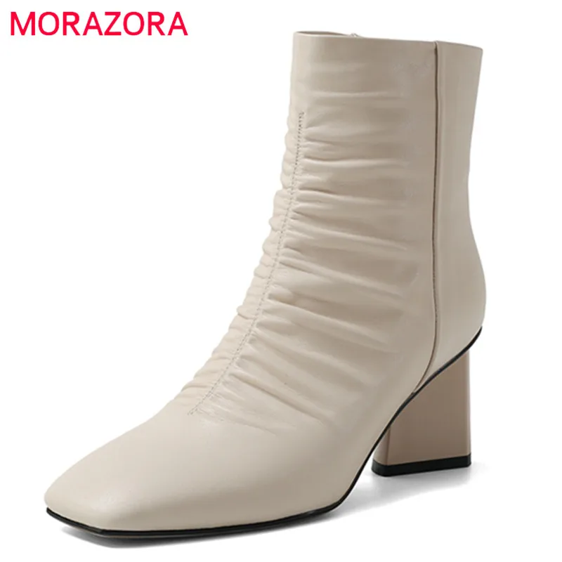 

MORAZORA 2021 Big Size 42 Genuine Leather Boots Women Shoes Pleated Square Toe Autumn Winter High Heels Women Ankle Boots