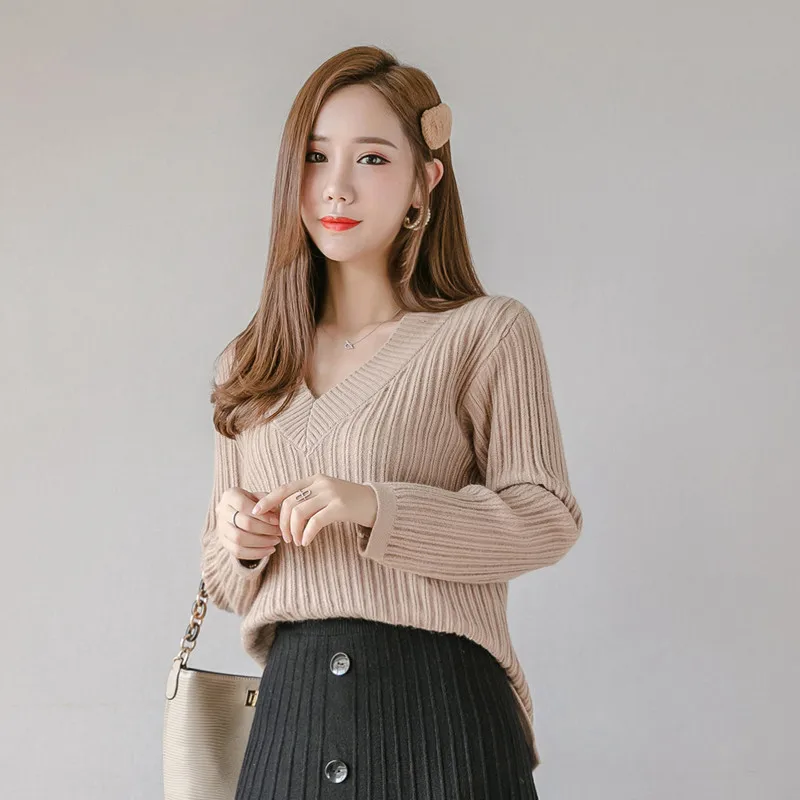 Khaki sweater Комплект из 2 предметов, женский осенне-зимний вязаный пуловер с v-образным вырезом, топ и плиссированная длинная юбка, комплект из 2 предметов, свитер, костюмы - Цвет: Khaki sweater