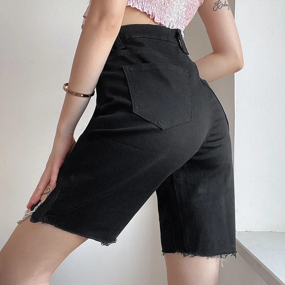 

Fashion Design Design Hollow Out Cowboy Shorts Women's 2021 Summer New Irregular Waistband Straight Solid Color High Waist