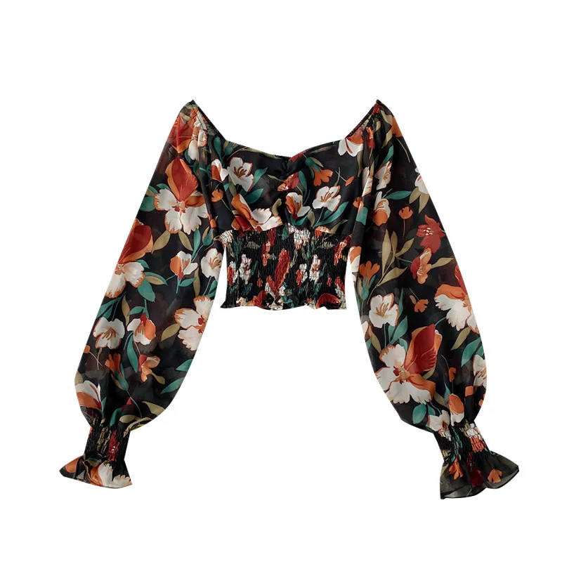 Summer Women Streetwear Beach Vintage Floral Chiffon Blouses Tops Sexy Ladies Ruffles Puff Sleeve Slash Neck Short Shirts 2020