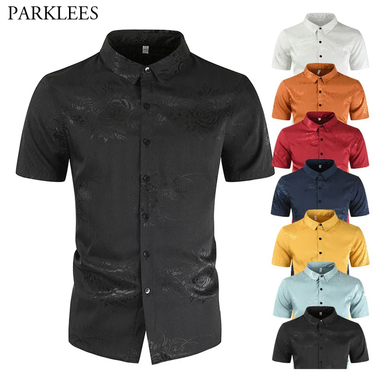 Шелковая черная рубашка Мужская Элегантная классическая с цветочным принтом