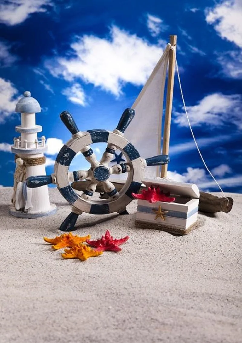 

Виниловый фон для детской фотосъемки с изображением пляжа, моря, лодки, морских звезд, голубого неба, белых облаков, синей воды
