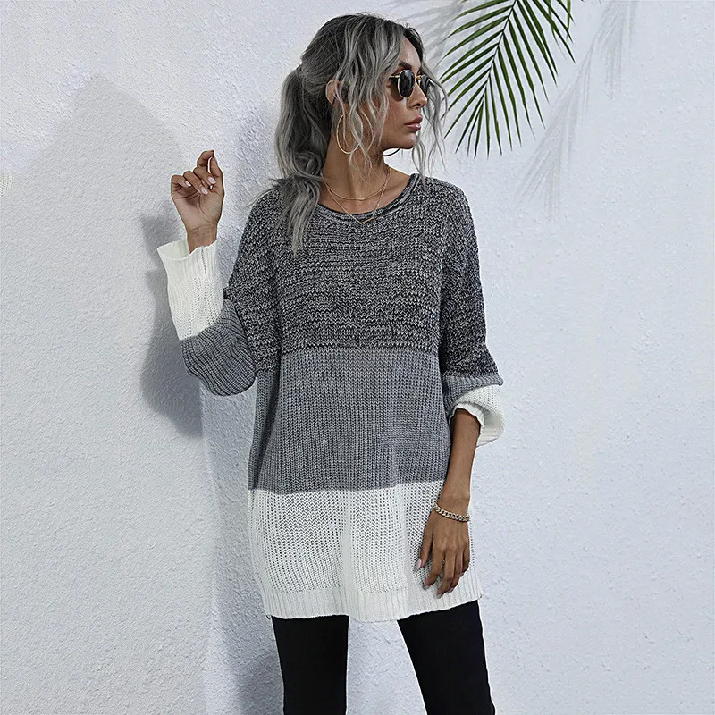 

Patchwork Color Knitted Long Pullovers Sweater Tops for Women Casual Jumper Sweater Autumn Winter New Fashion Clothing