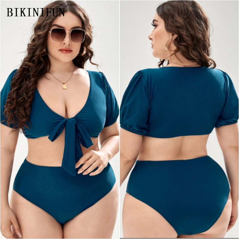 

New Sexy Short Sleeve Beachwear Women Bow Knot Swimsuit Plus Size Swimwear XL-4XL Girl Deep V Bathing Suit High Waist Bikini Set