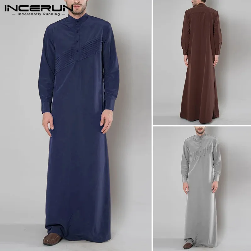 Винтажный мусульманский кафтан с пуговицами, мужской халат с длинным рукавом и воротником-стойкой, Ретро Халат, мужская одежда из Дубая S-5XL от AliExpress WW
