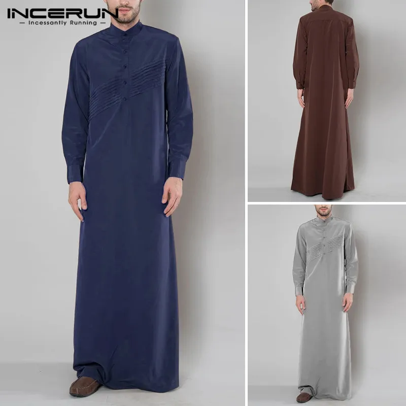 Vintage Buttons Muslim Kaftan Robes Mens Long Sleeve Stand Collar Retro Robes INCERUN Man Abaya Jubba Thobe Dubai Clothing S-5XL
