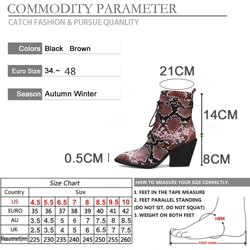 BYQDY Autumn Woman Winter Boots Snakeskin Western Shoes Hoof Heels Lace-up Ankle Birthday booties Comfortable Plus Size 48 | Обувь