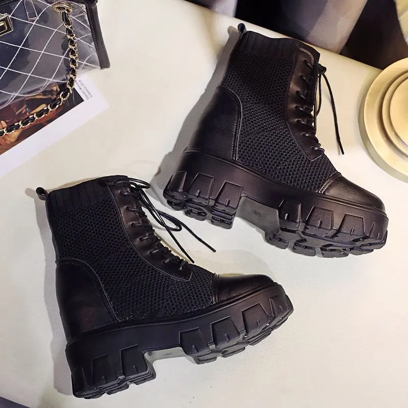 

2020 Breathable Mesh Ankle Boots for Women Chunky Platform Height Increase Shoes Woman 7 CM High Heels Autumn Boots Mujer