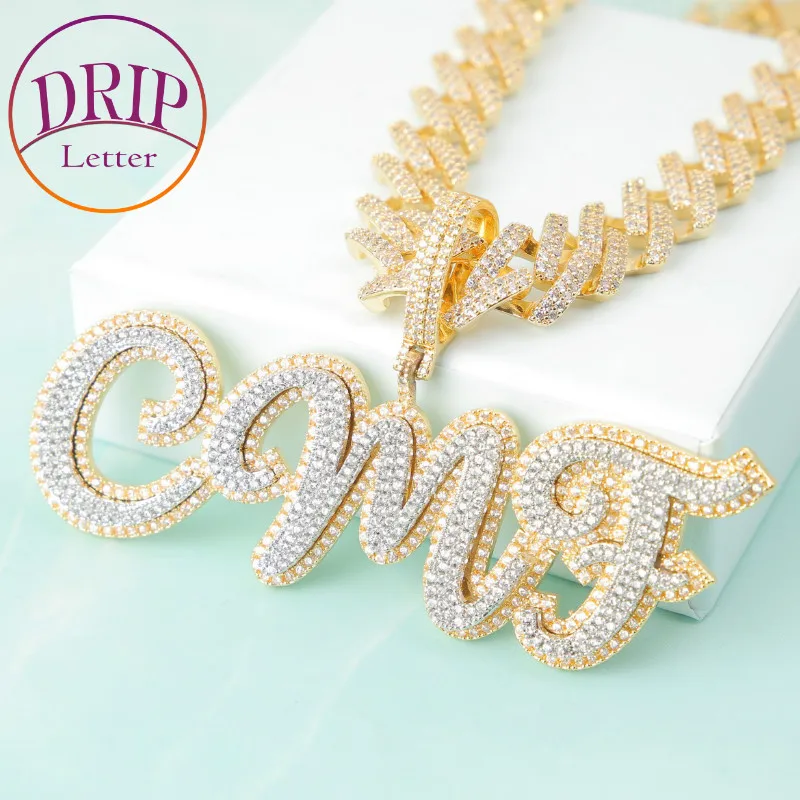 

Double Color Custom Name Solid Letters With 14MM Cuban Chain 5A Zircon Necklaces For Men's Hip Hop Pendant Jewelry
