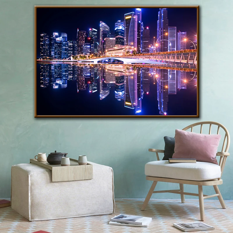 Картина на холсте настенная художественная рамка красота город ночь реки
