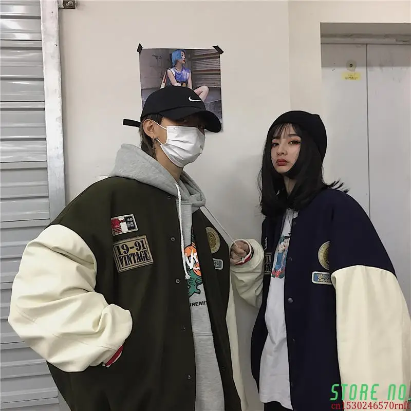 

Coat women Baseball uniform tide spring and autumn students Korean style loose casual jacket women's retro clothes O-Neck green