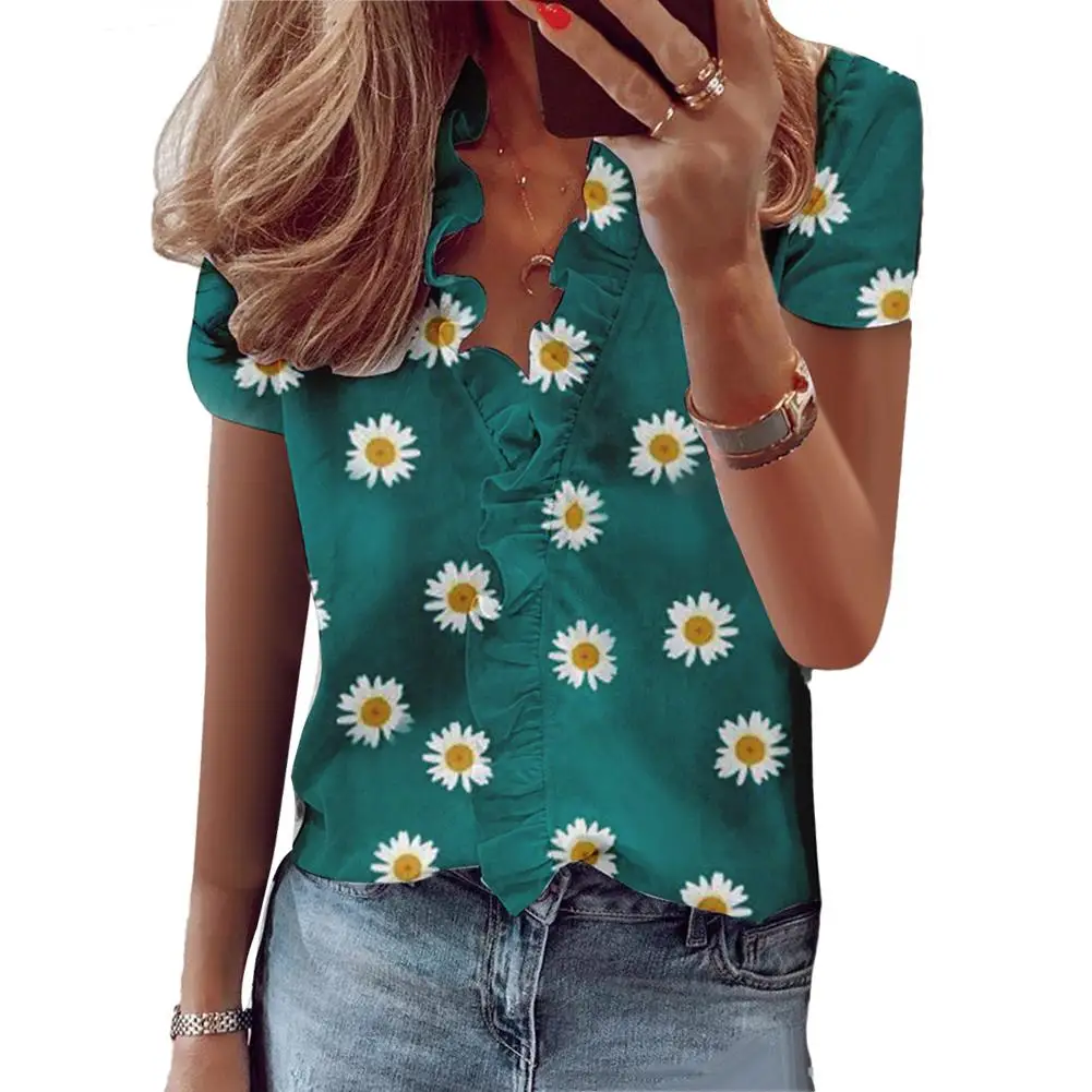 

Marguerite Print Women Tshirt Top Casual Short Sleeve T shirt for Women Summer Ruffled Edge V Neck Pullovers top femme t-shirts