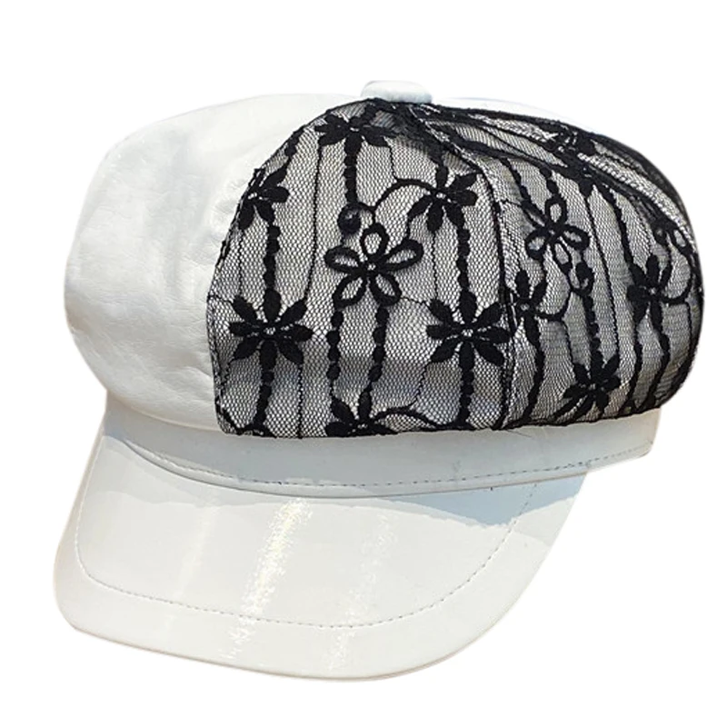 

Ladies Hat European and American Spring and Autumn Fashion Beret Ladies Korean Style PU Leather Stitching Lace Octagonal Cap