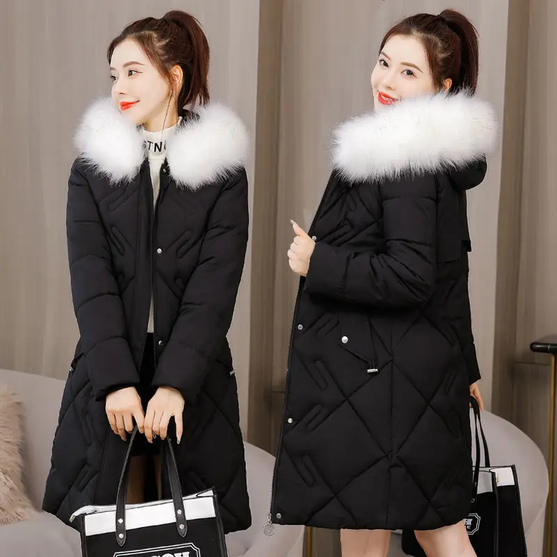 

Long Parkas Women Warm Large Faux Fur Collar Overcoats Zipper Hooded Female Winter Coat Snow Wear Clothes Cotton Padded Outwears