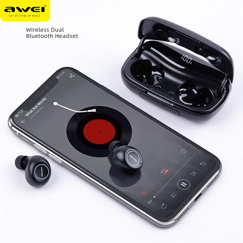 TWS стереонаушники AWEI T19 с поддержкой Bluetooth 5 0 и зарядным футляром на 2500 мА ·