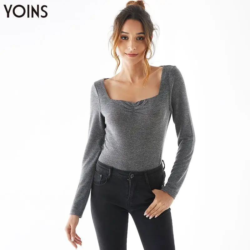 YOINS 2020 весна осень зима женские топы и блузки с длинным рукавом квадратным
