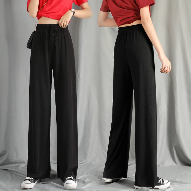 

Spring and autumn fall feeling ice silk knitted wide leg pants women's high waist hanging feeling thin straight pants thin nine