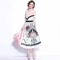 vogue prints patchwork pleated skirt set women two piece knitted tops short sleeve elegant shiny high waist skirts party wear