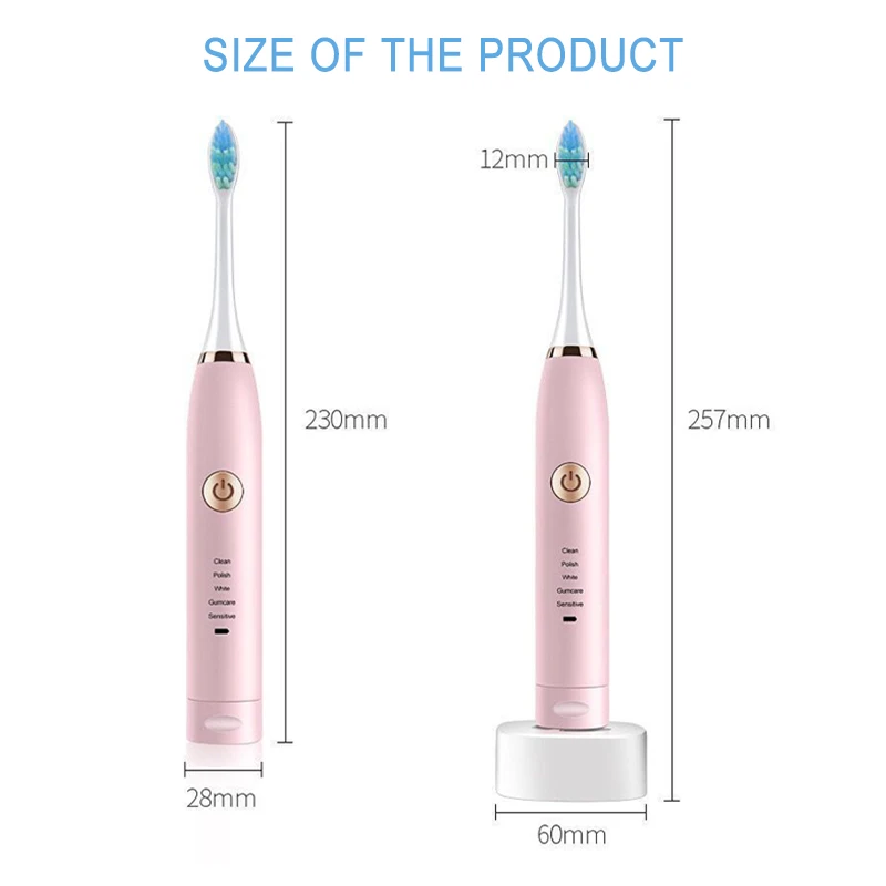 

Electric Toothbrush Waterproof Ultrasonic Automatic Sonic Toothbrush Rechargeable 5 Models With 2 Replacement Brush Heads Gift