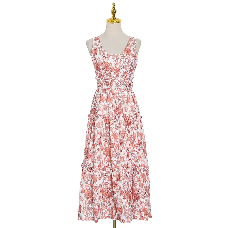 

Small crowd design new fashion temperament sexy collar printed waist long dress 83022